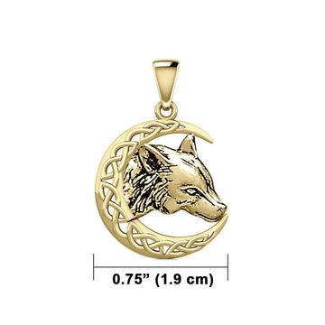Wolf with Celtic Crescent Moon Solid Gold Pendant GPD5726 - Jewelry